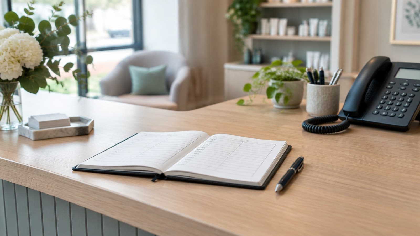 An open appointment diary and pen beside a desk phone on a tidy reception desk