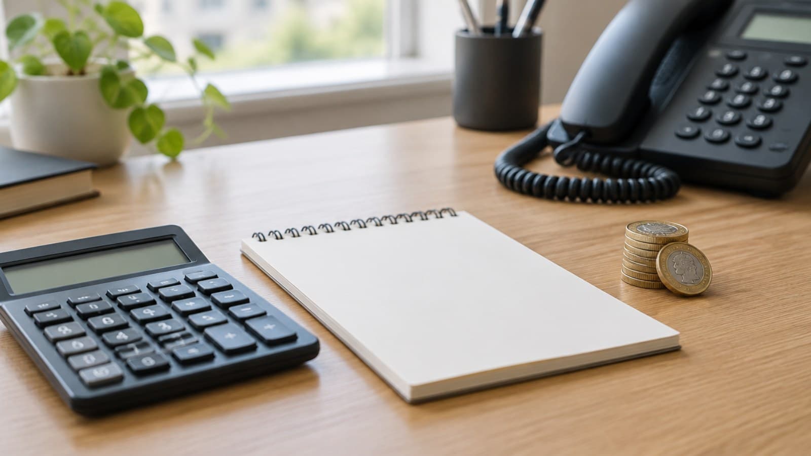 A calculator, a plain notepad and a stack of pound coins beside a desk phone on a tidy desk