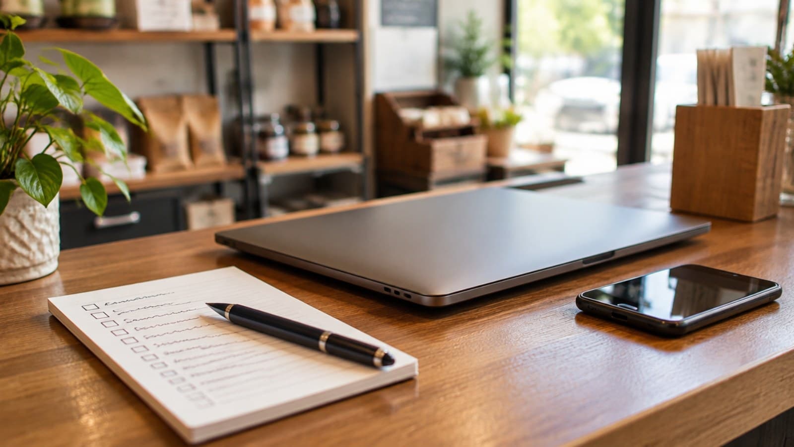 A handwritten checklist and pen beside a closed laptop and a smartphone on a small-business counter