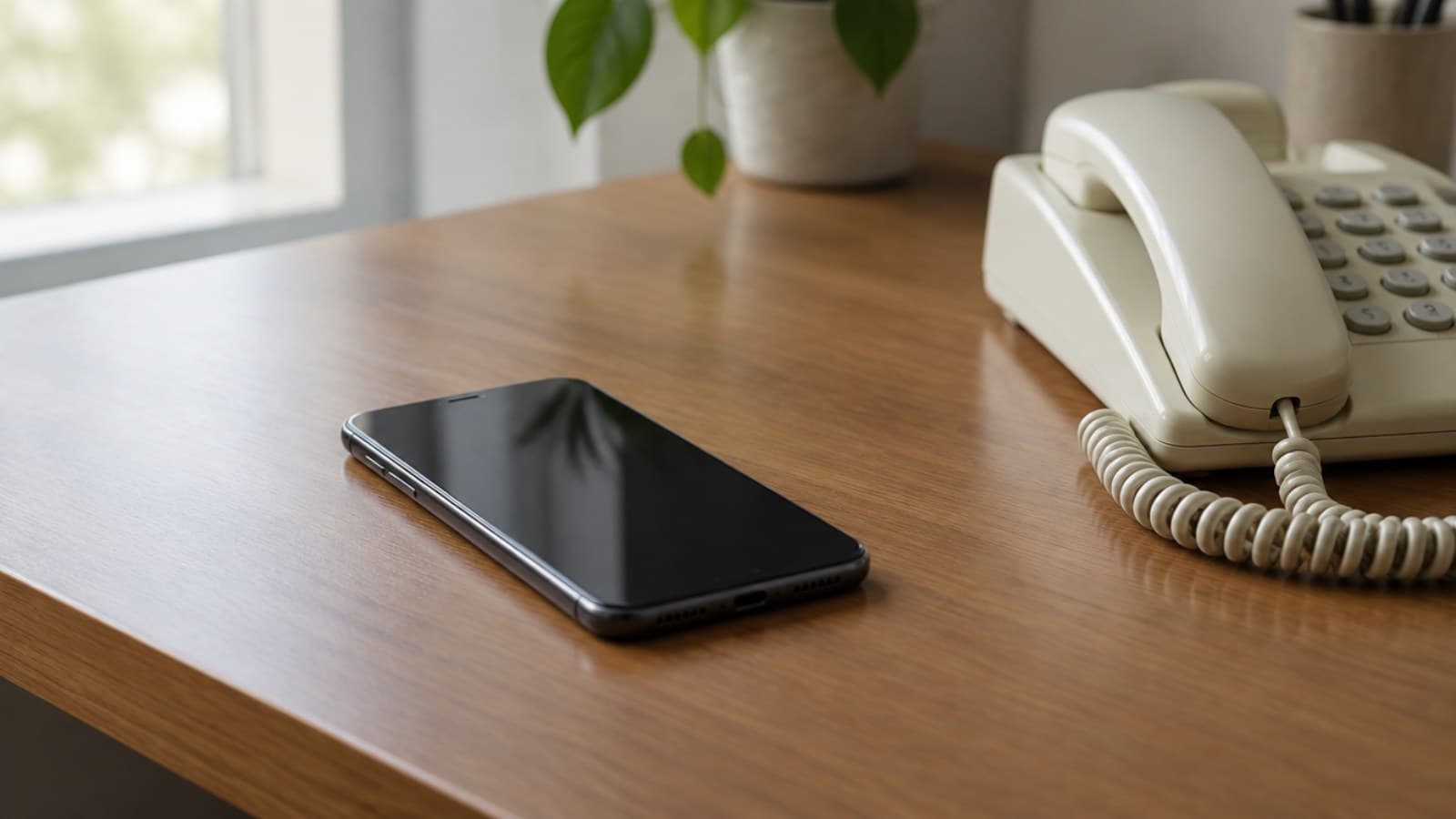 A smartphone and a cream landline telephone side by side on a wooden desk in soft window light