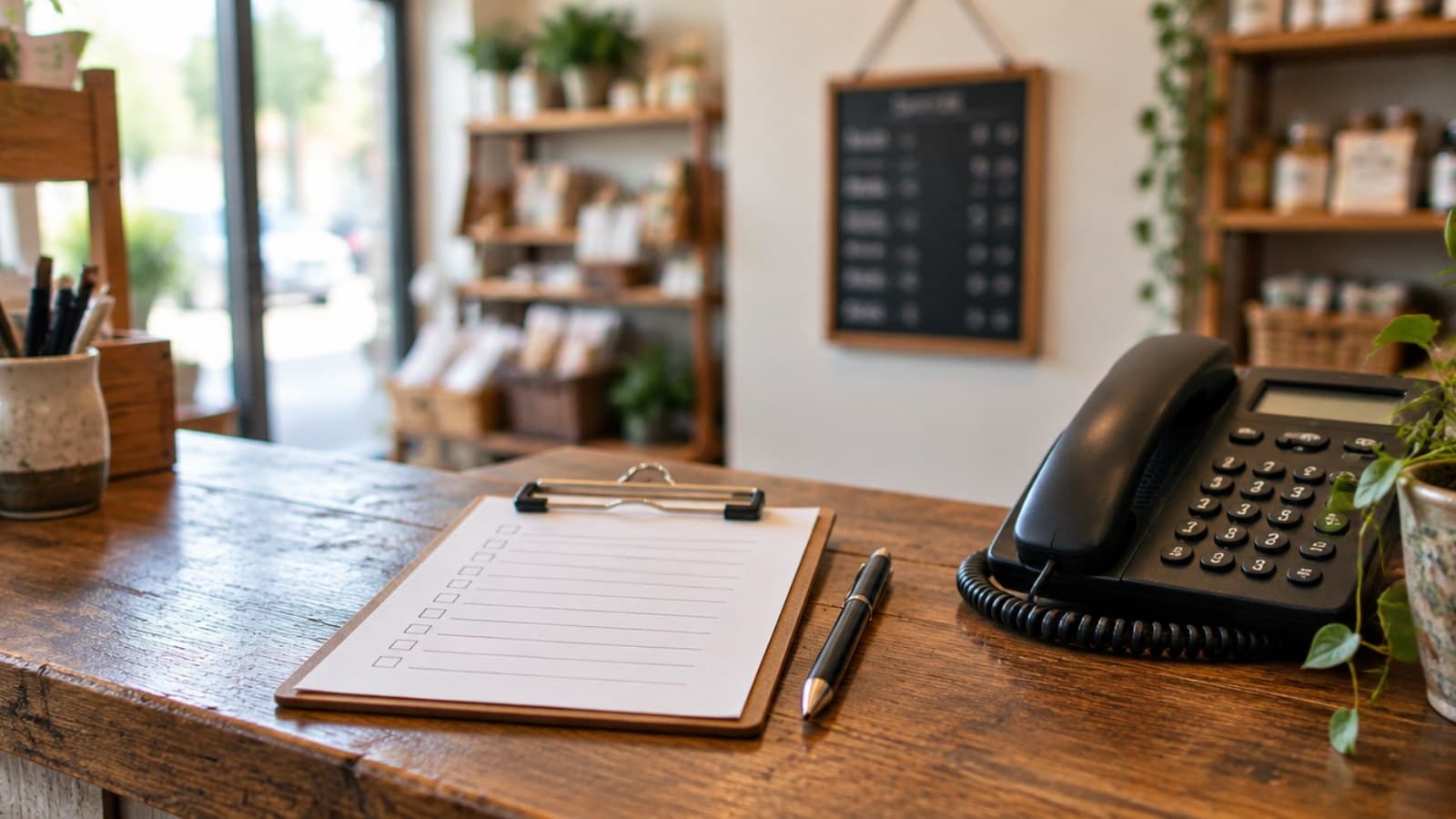 A clipboard checklist and pen beside a desk phone on a shop counter, with an opening-hours board behind