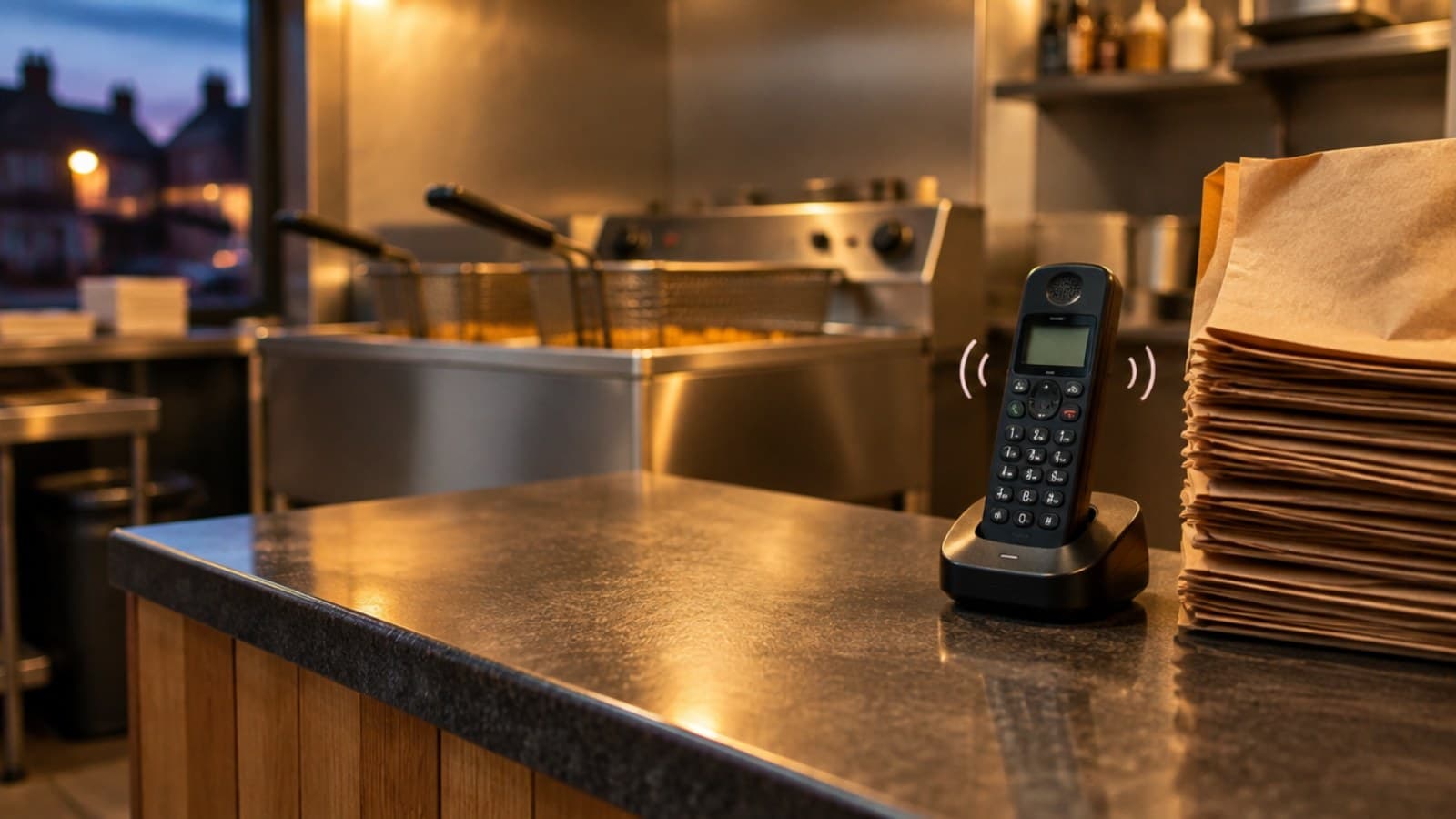A cordless phone ringing on a takeaway counter beside a stack of paper bags, with a fryer behind and nobody answering