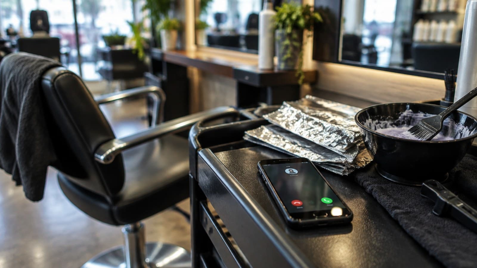 A phone lit with an incoming call on an empty salon station beside a colour bowl and foils