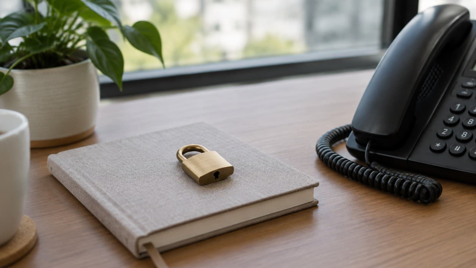 A brass padlock on a closed notebook beside a black desk phone on a desk by a window