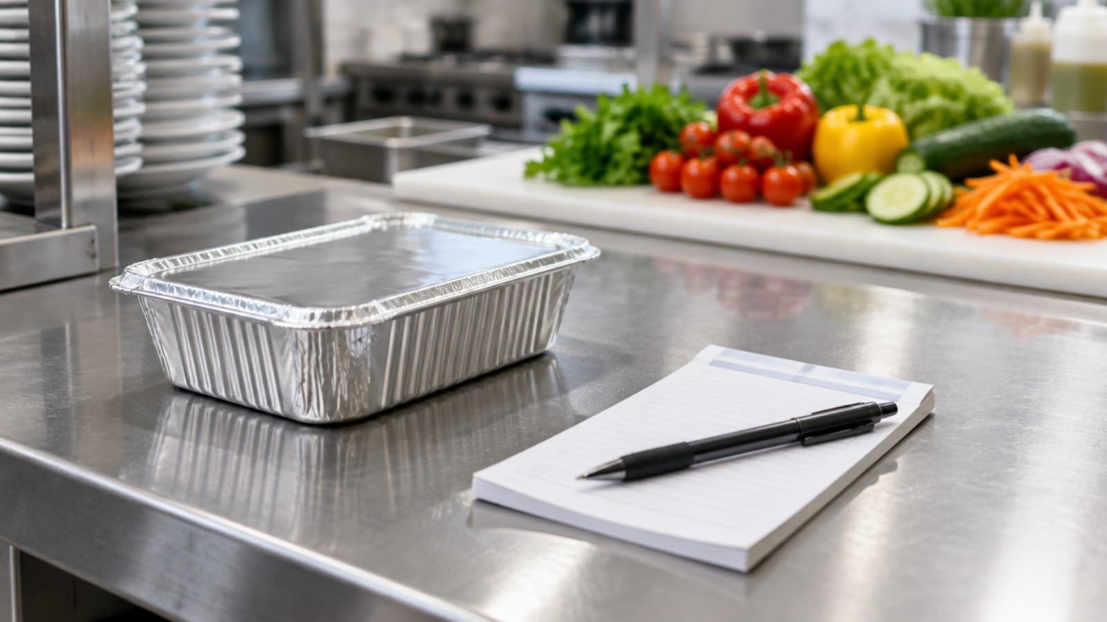 A paper order pad and pen on a steel counter beside a sealed foil container, with fresh vegetables on a prep board behind