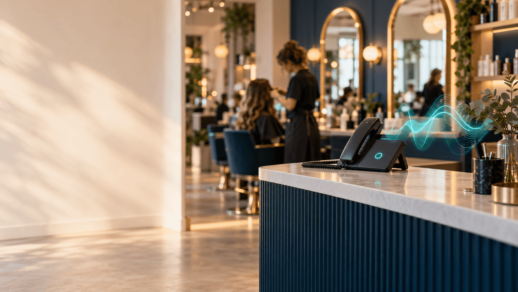 A busy small-business counter with a phone, notes and a teal voice waveform assistant display.